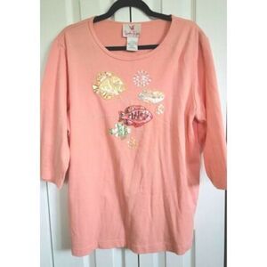Quacker Factory Large‎ 3/4 Sleeve Beaded Embellished Fish Coral Orange T-Shirt